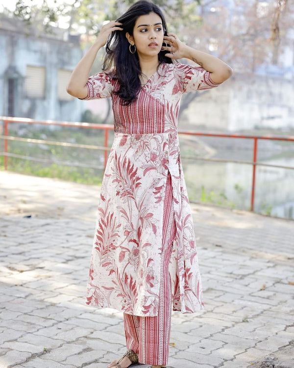 Floral hand block printed angrakha a line kurta with smart slit in front with three smart wooden show buttons(SWRD19)