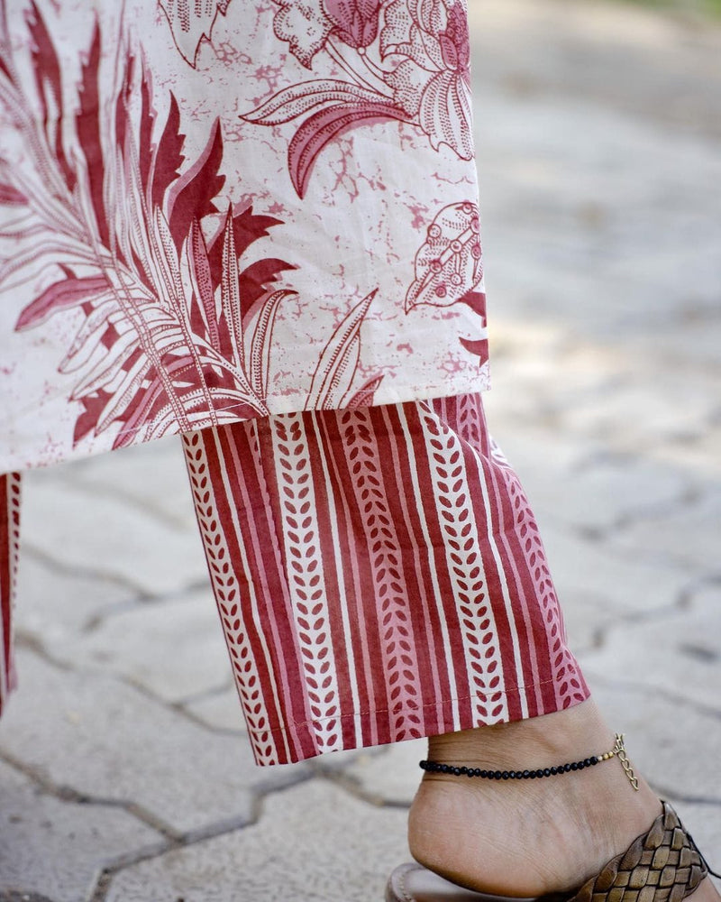 Floral hand block printed angrakha a line kurta with smart slit in front with three smart wooden show buttons(SWRD19)