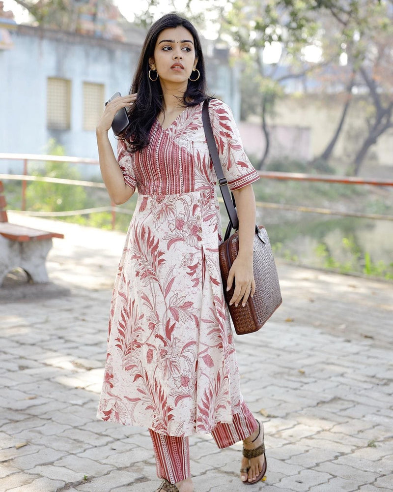 Floral hand block printed angrakha a line kurta with smart slit in front with three smart wooden show buttons(SWRD19)