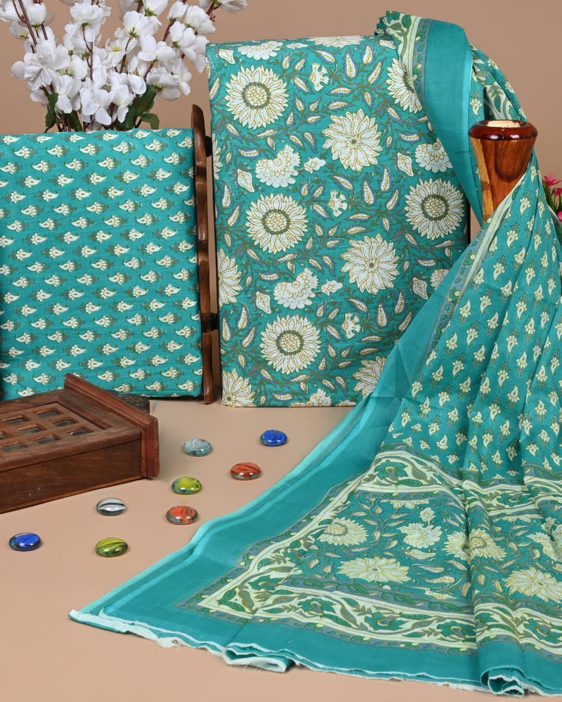 HAND BLOCK PRINT COTTON SUIT SET WITH MULMUL DUPATTA