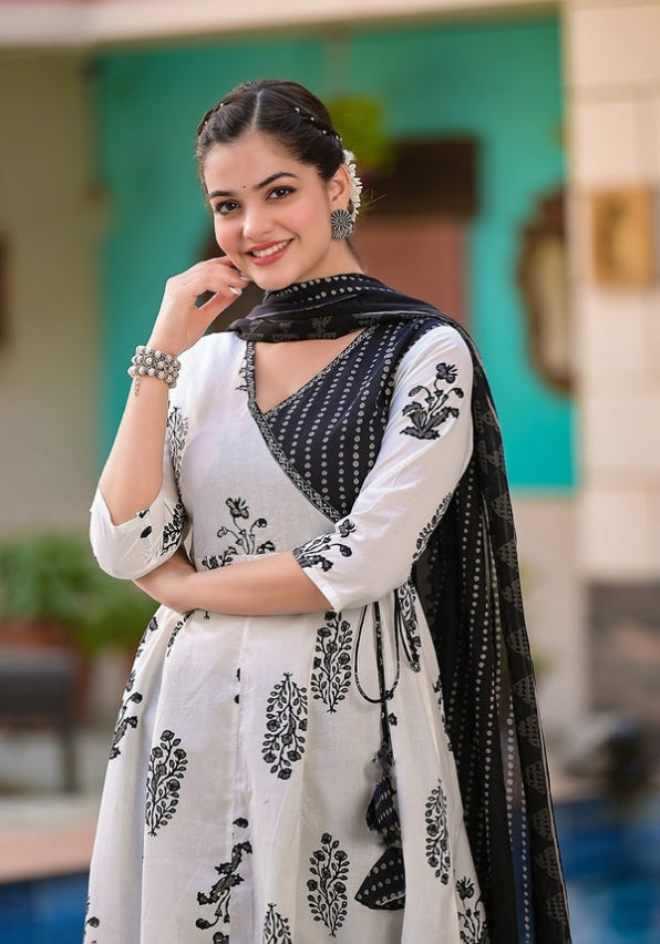 For a Festive gathering, you'll can opt for black white ANGRAKHA set which is decorated with finest self .It is paired with matching dupatta