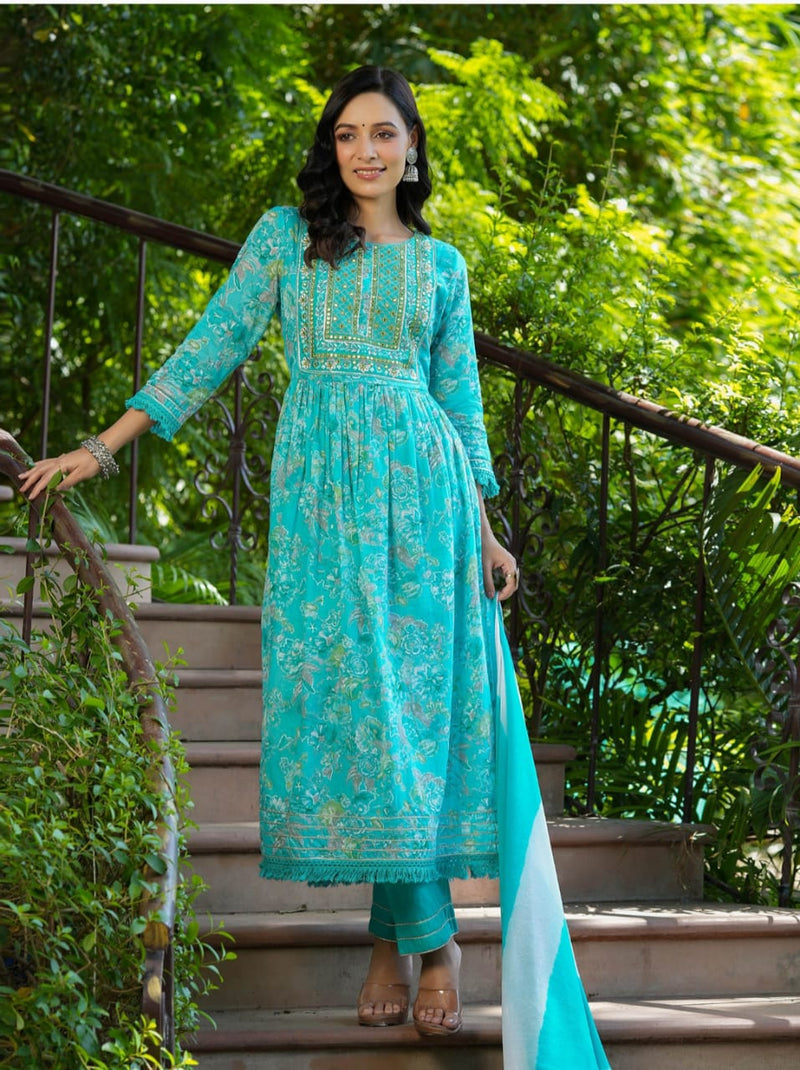 Exclusive Pure fine cotton 60-60 fabric with embrioday naira cut Kurti with Pant Dupatta