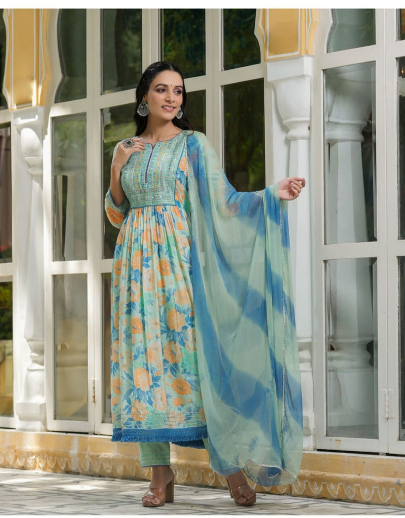 Pure fine Riyon Silk fabric with embrioday naira cut Kurti with Pant Dupatta🌹