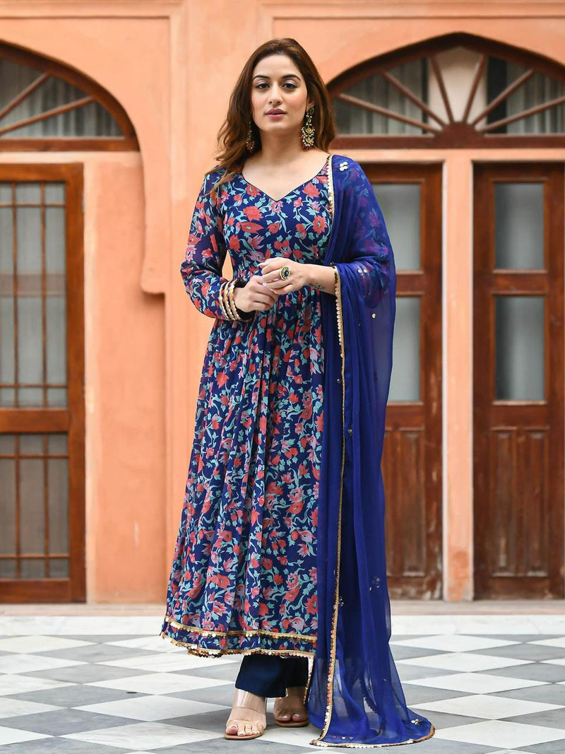 Beautiful Rayon Fabric Printed Long gown Kurti With Pant And Dupatta