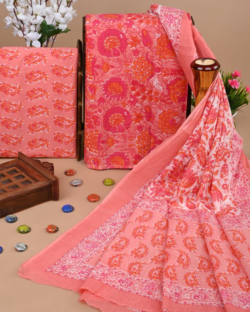 HAND BLOCK PRINT COTTON SUIT SET WITH MULMUL DUPATTA