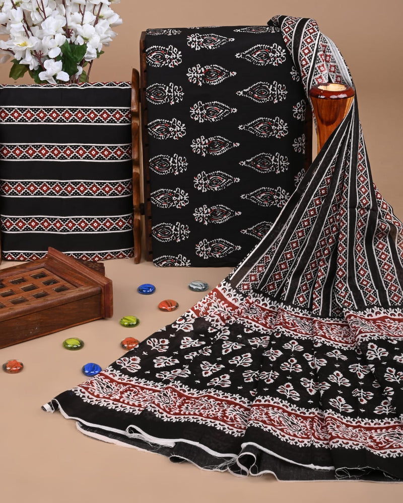 HAND BLOCK PRINT COTTON SUIT SET WITH MULMUL DUPATTA