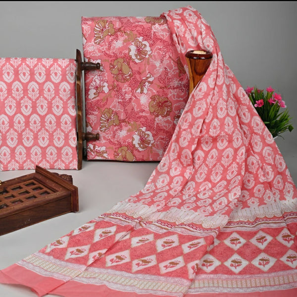 EXCLUSIVE HAND BLOCK PRINT COTTON SUIT SET WITH MULMUL DUPATTA