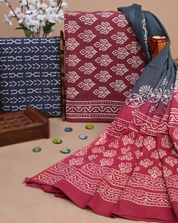 EXCLUSIVE HAND BLOCK PRINT COTTON SUIT SET WITH MULMUL DUPATTA