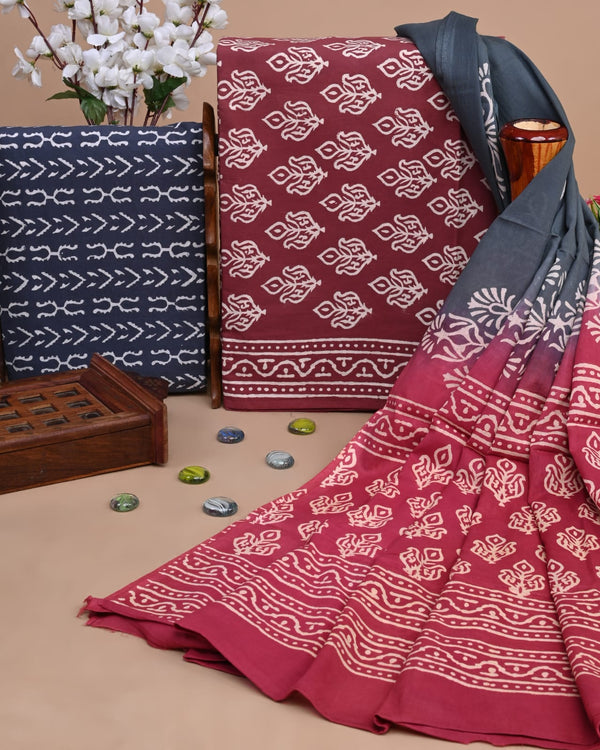 EXCLUSIVE HAND BLOCK PRINT COTTON SUIT SET WITH MULMUL DUPATTA