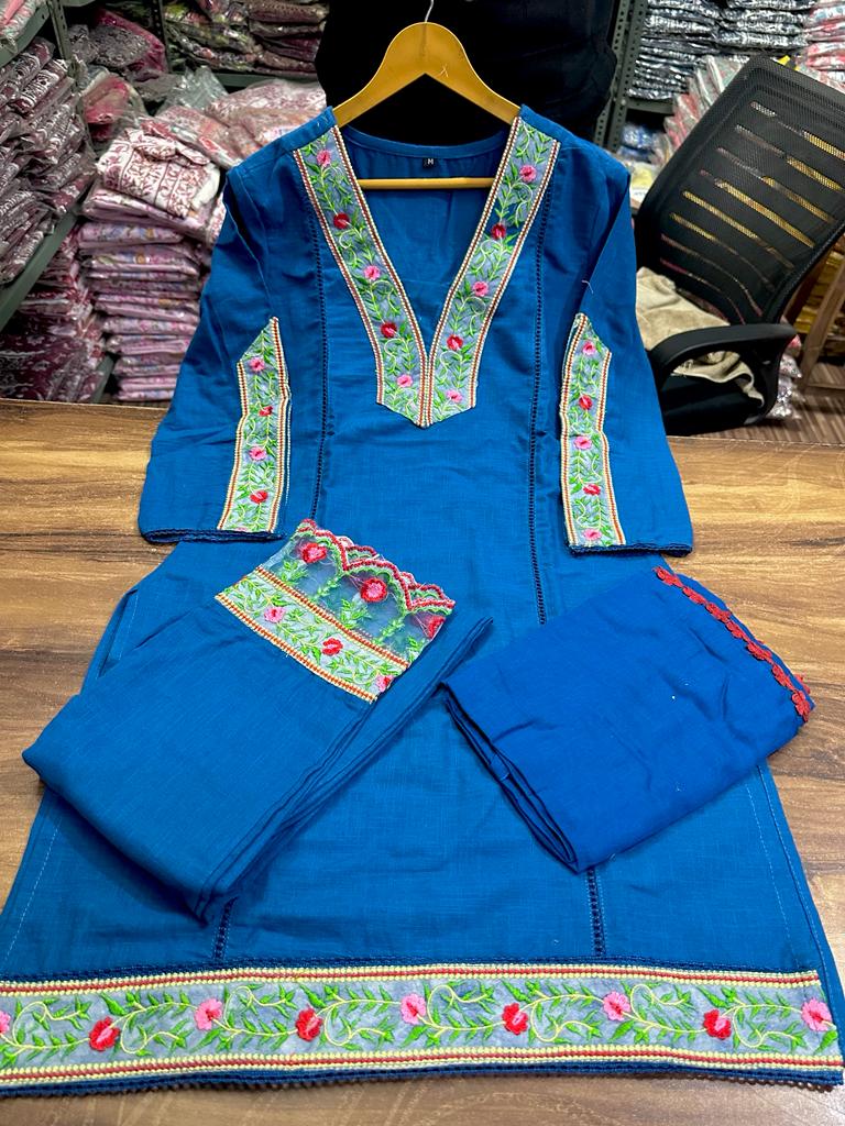 Pure fine reyon salab fabric with Hand wark embroidery Kurti with Pant with cotton 100-100 Dupatta🌹🌹